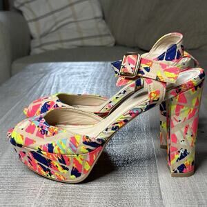 Bamboo Platform Ultra High Heel Sandals Buckle Open Toe Neon Abstract Size 10